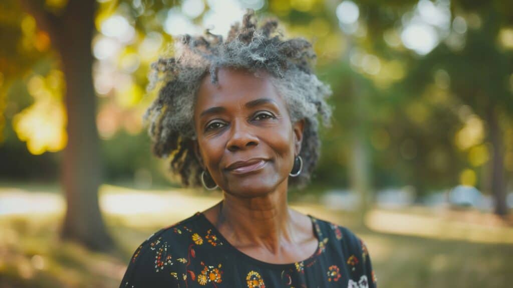 Smiling older woman outdoors in warm evening light