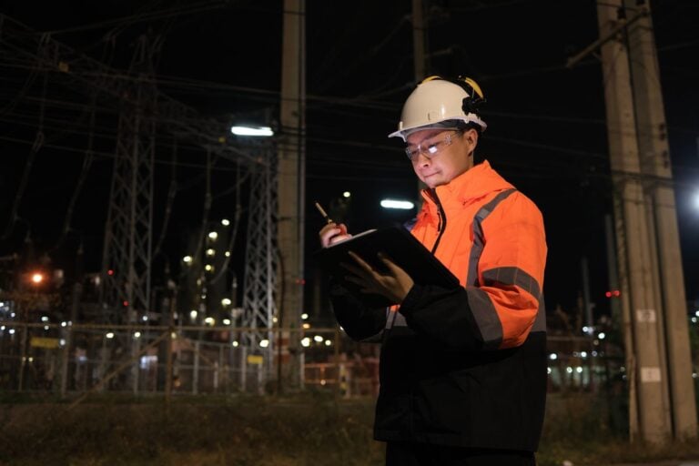 Engineer in high-vis on a night shift