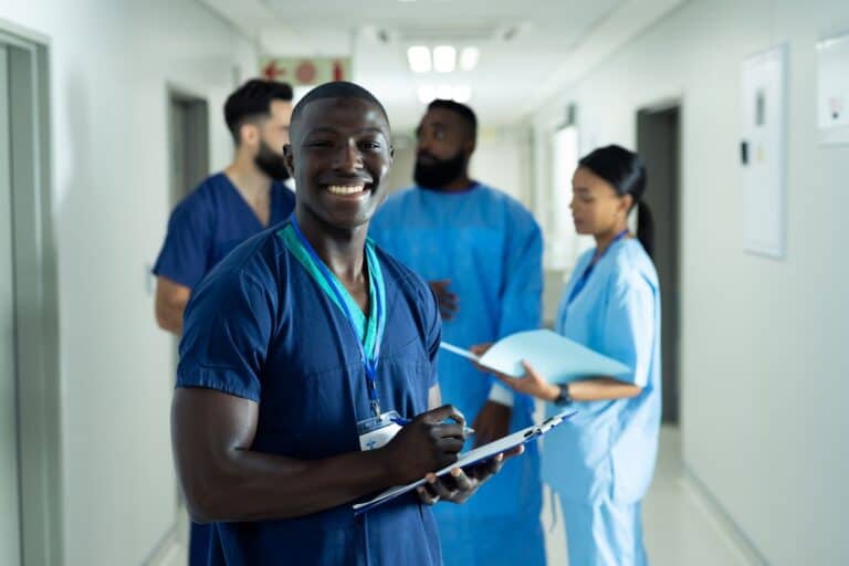 Smiling team of nurses in a hospital