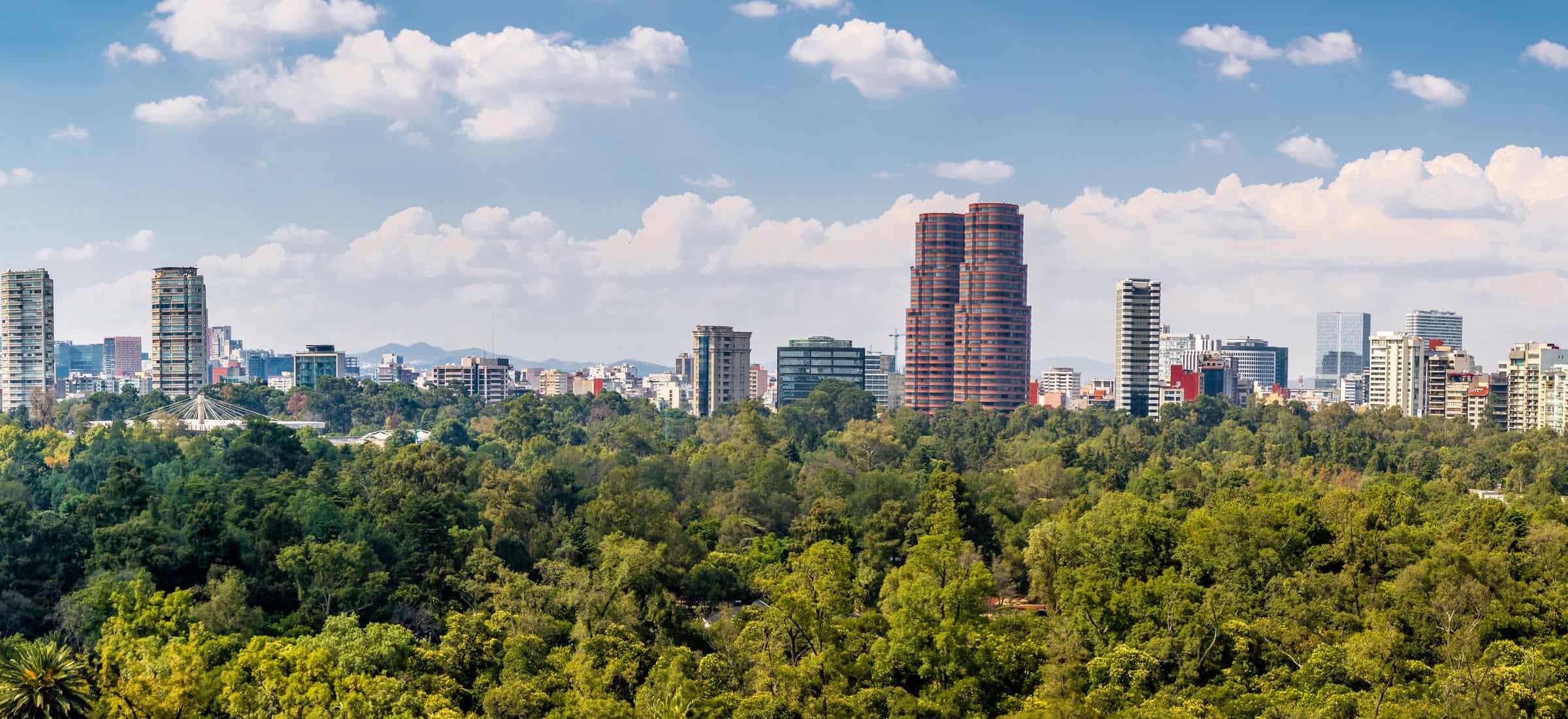 City skyline above green woodland
