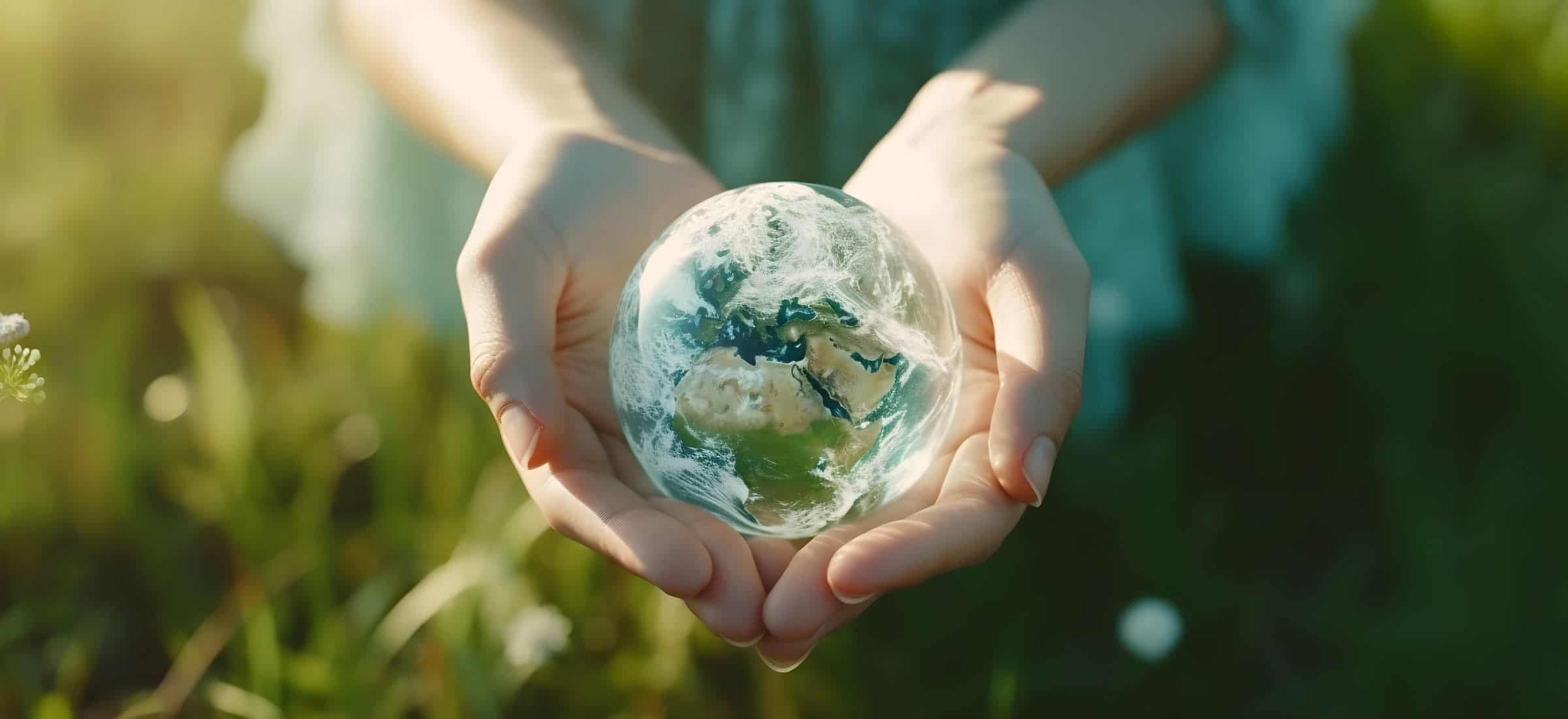 Hands holding a small globe in the grass