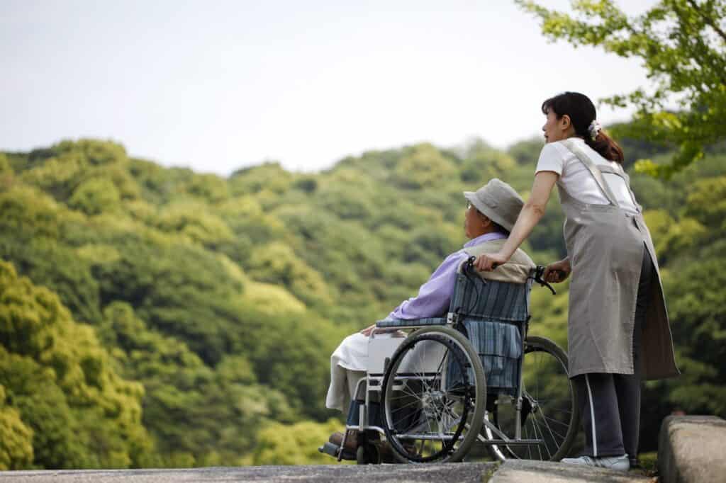 Carer walking with a man in a wheelchair on a hillside