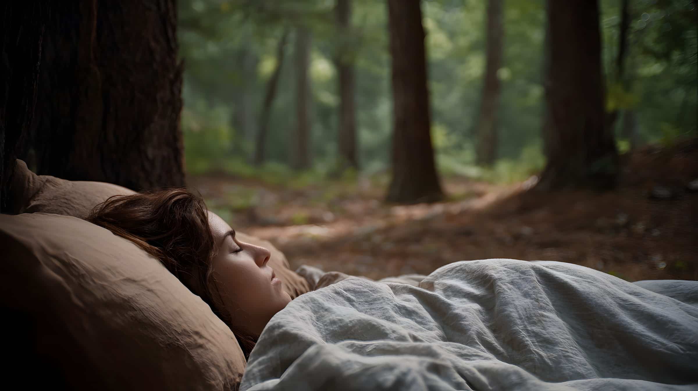 Woman sleeping peacefully outdoors among trees