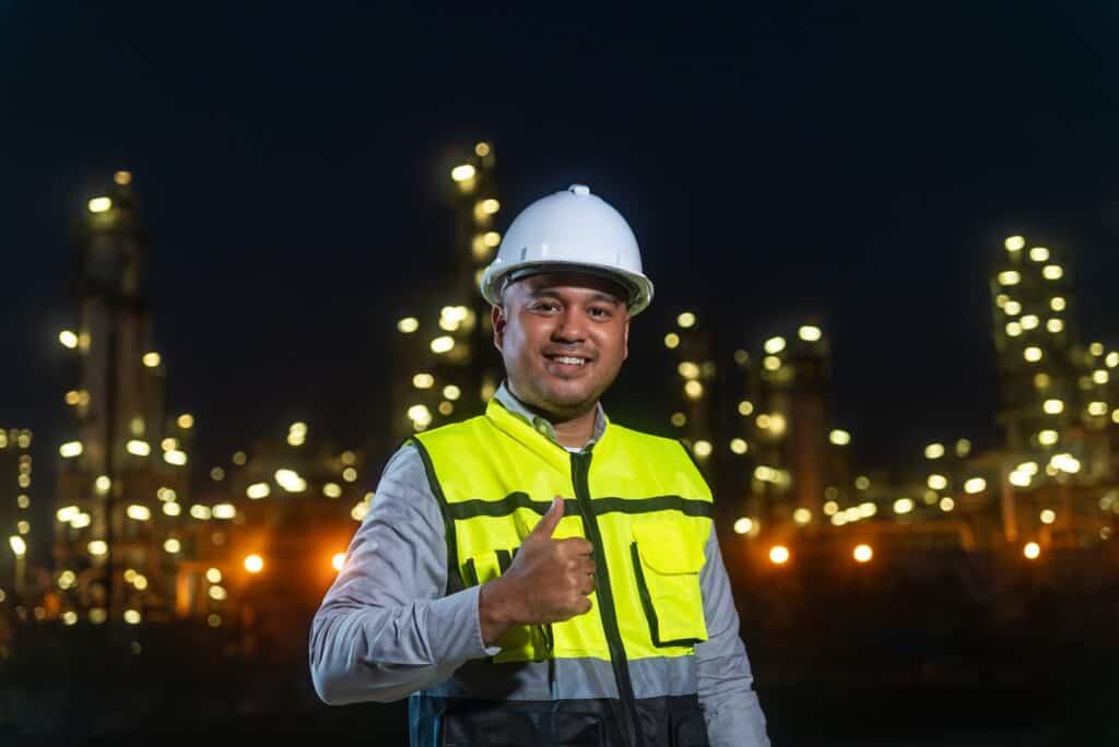 Night-shift worker in high-vis giving a thumbs up